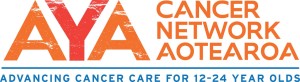 Logo that says AYA Cancer Network Aotearoa in orange text on a white background. Underneath there is a blue line and text saying 'advancing cancer care for 12-24 years olds. 